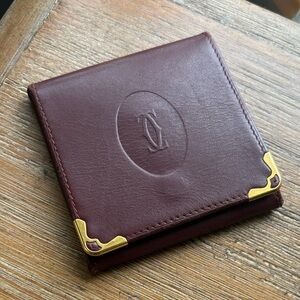 Cartier Luxury Burgundy Leather Wallet Coin Pouch Gold Accents Unique Vintage
